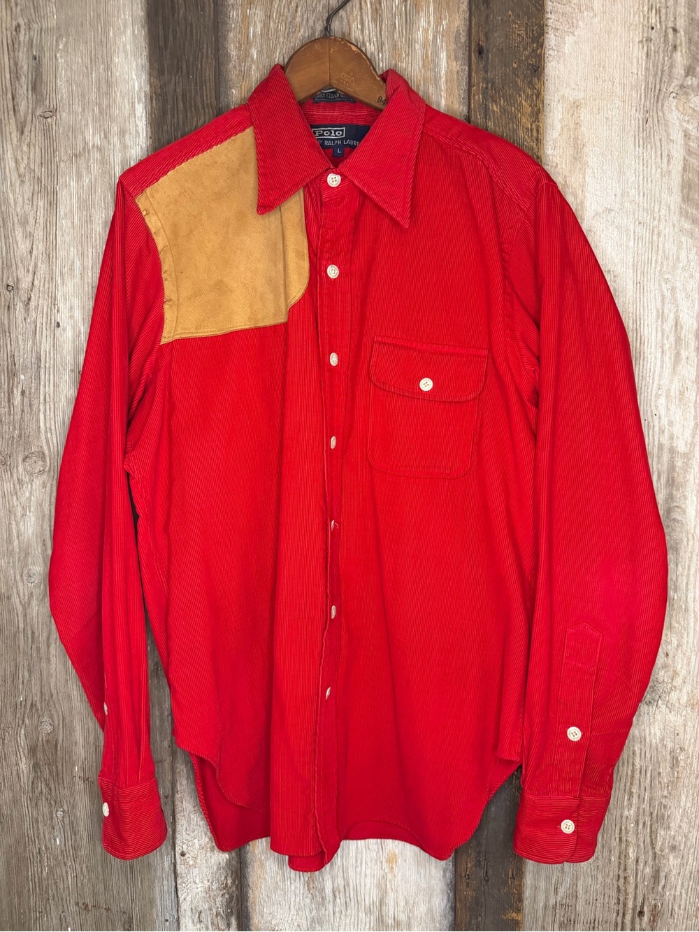 VTG 70s Polo Ralph Lauren Corduroy Leather Button Down Hunting Shooting Shirt: L